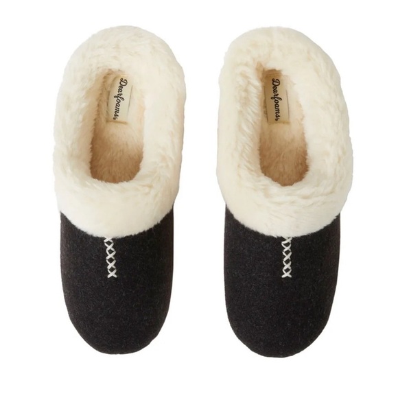 Women’s Dearfoams Black Plush Memory Foam Slippers Fur Clog Slide Slipper Nwt - Picture 2 of 6
